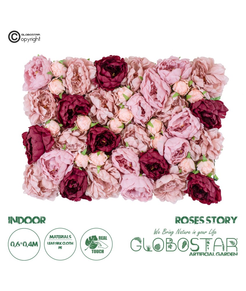GloboStar® Artificial Garden ROSES STORY 20355 Τεχνητό Διακοσμητικό Πάνελ Λουλουδιών - Κάθετος Κήπος σύνθεση Ροζ & Βυσσινί Τριαντάφυλλα Μ40 x Π60 x Υ8cm